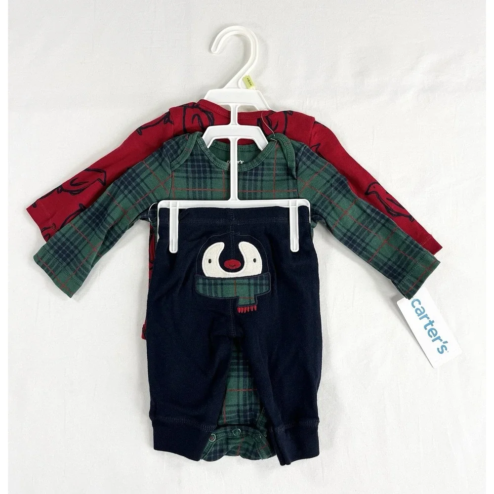 Carter's Baby 3M 3pc Penguin Winter Outfit Plaid Long‎ Sleeve Bodysuit Pants NWT